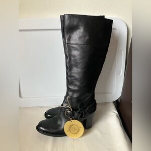 NWT Born Womens Black Leather Buckle Accent Tall Heel Boots Sz 6.5 37